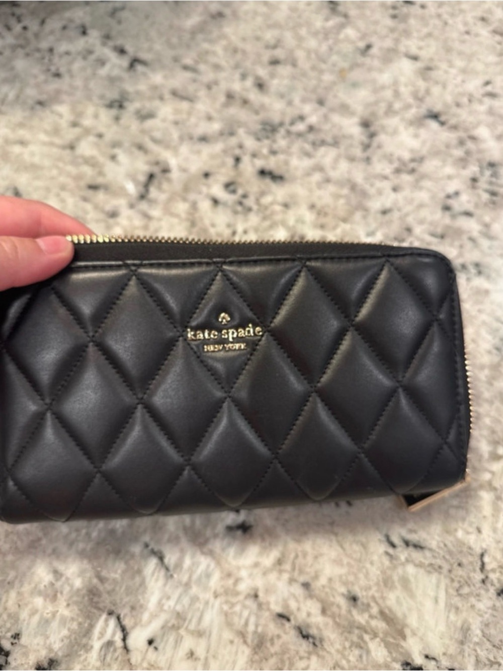 kate spade Quilted Black Zip Around Wallet with Gold Logo